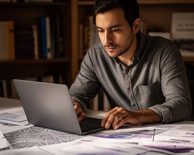 Analista de inteligencia artificial trabajando en un estudio editorial de Madrid con informes sobre la mesa