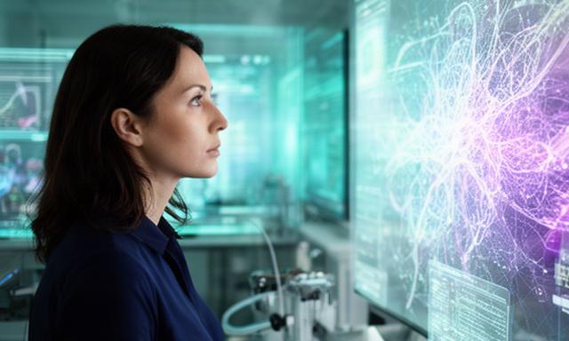 Investigadora analizando un modelo de inteligencia artificial en una pantalla de laboratorio
