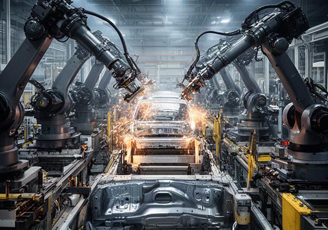 Robots industriales ensamblando piezas metálicas en una línea de automoción